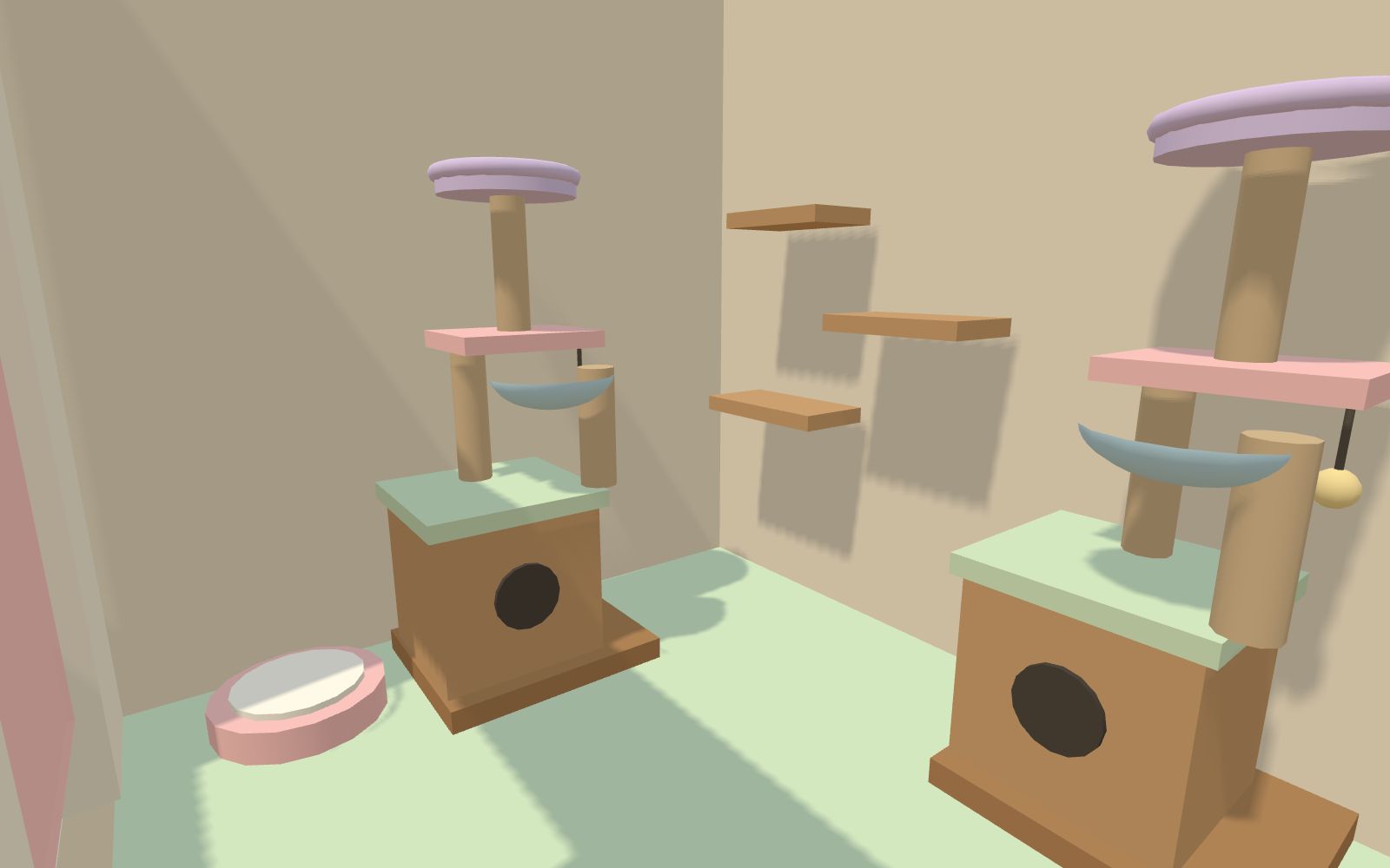 The cat care room, with feeding stations, cat beds and a prep counter.
