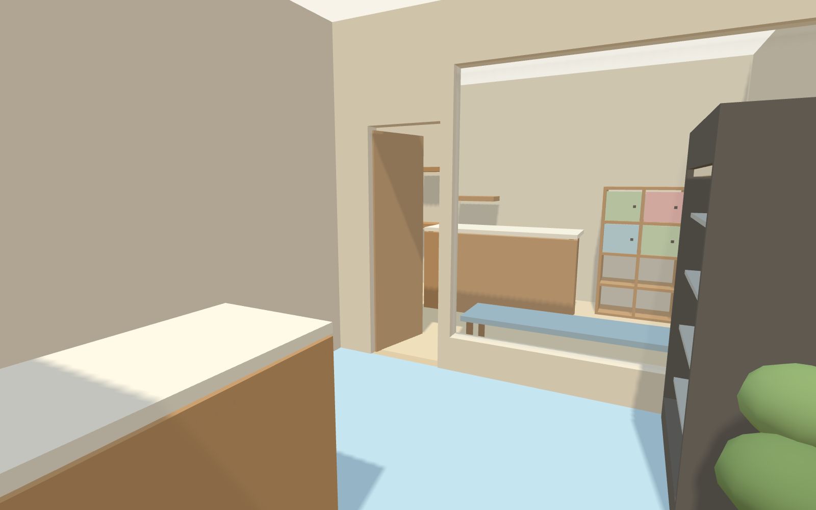 Inside check-in, with the counter, a drinks fridge and the way through to the lounge.