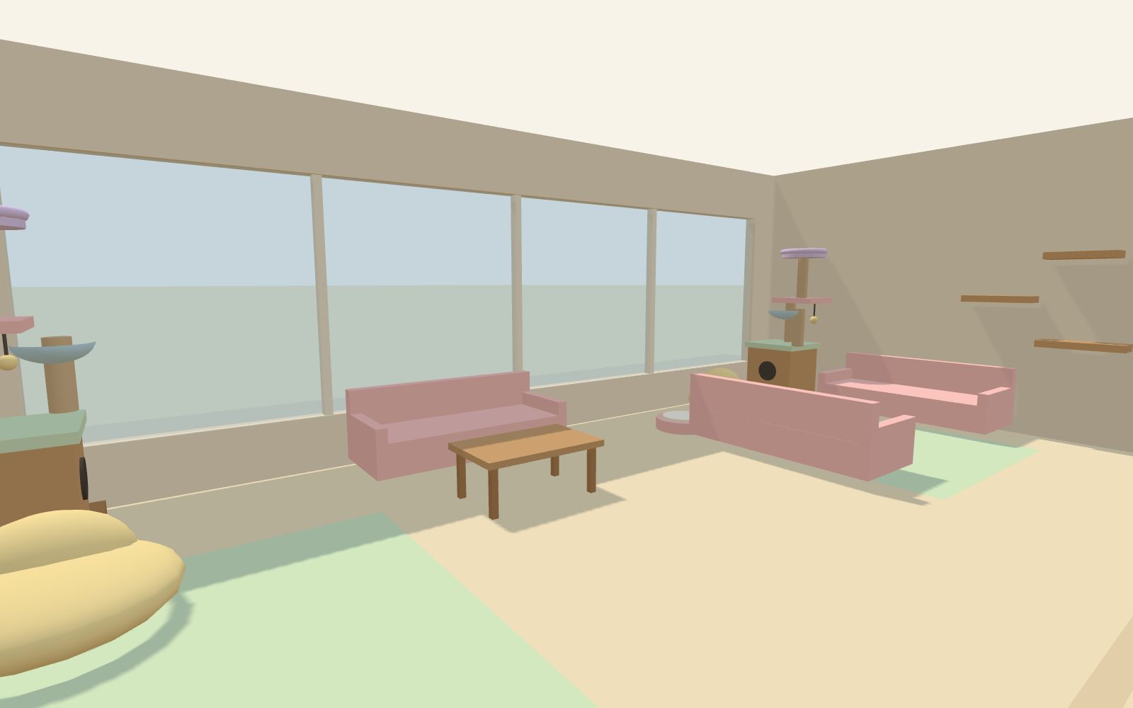 The cat lounge, with sofas and cat towers along the run of windows on the south wall.