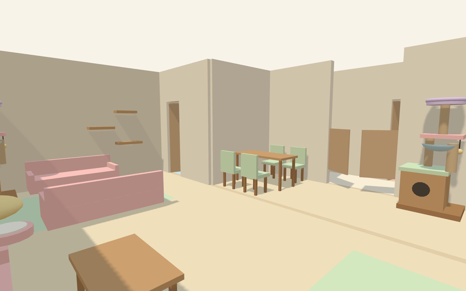 The cat lounge from the far corner, with seating, rugs and cat trees.