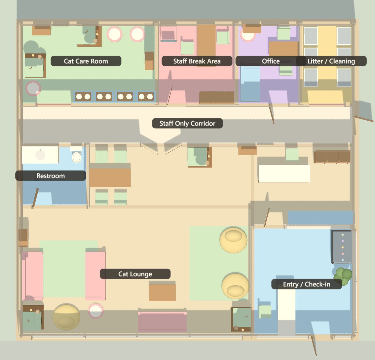 The furnished floor plan seen straight down, with every room in a different colour.